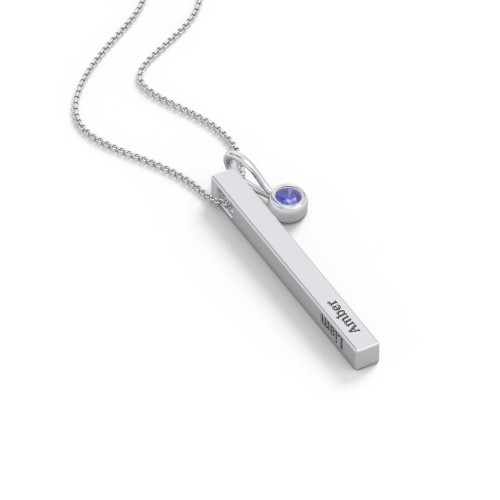 Engravable Vertical 3D Bar Necklace with 1-Stone Charm – Sterling Silver with Blue Sapphire