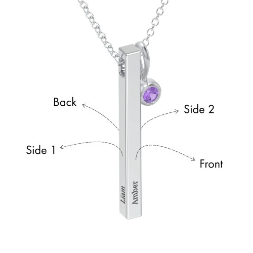 Engravable Vertical 3D Bar Necklace with 1-Stone Charm – Sterling Silver with Amethyst