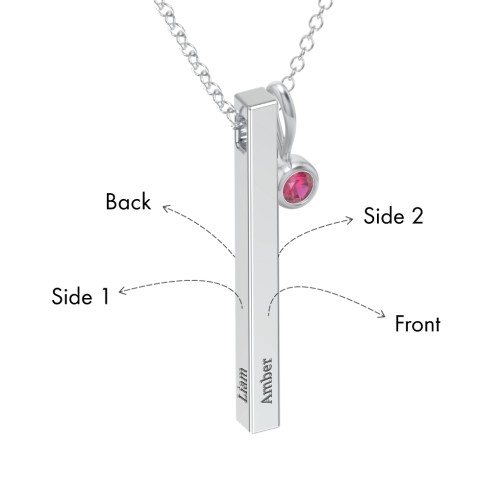 Engravable Vertical 3D Bar Necklace with 1-Stone Charm – Sterling Silver with Ruby