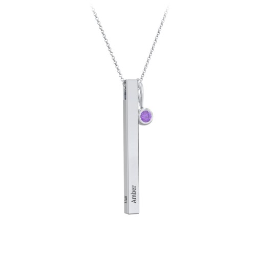 Engravable Vertical 3D Bar Necklace with 1-Stone Charm – Sterling Silver with Amethyst