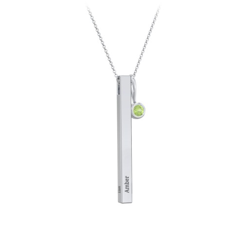 Engravable Vertical 3D Bar Necklace with 1-Stone Charm – Sterling Silver with Peridot