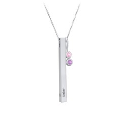 Silver Bar Necklace with 2 Birthstones, Engraved with Blessed