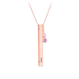 Engravable Vertical 3D Bar Necklace with 2-Stone Charm in 10K Solid Rose Gold with Pink Tourmaline and Amethyst