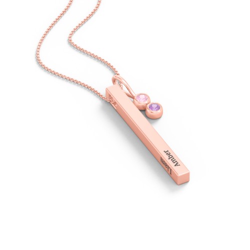 Engravable Vertical 3D Bar Necklace with 2-Stone Charm – 10K Rose Gold with Pink Tourmaline and Amethyst