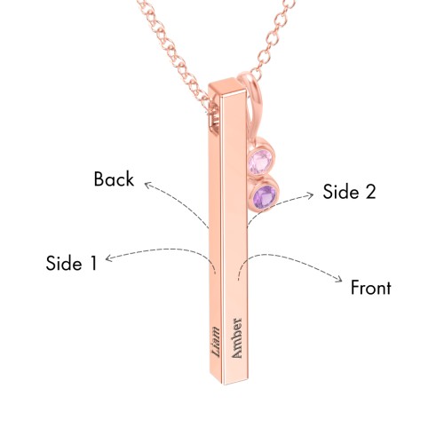 Engravable Vertical 3D Bar Necklace with 2-Stone Charm – 10K Rose Gold with Pink Tourmaline and Amethyst