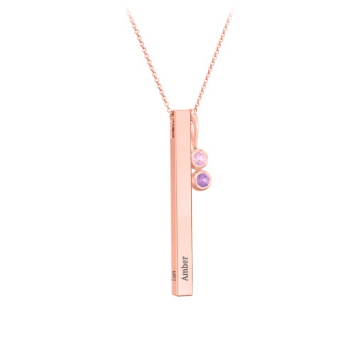 Engravable Vertical 3D Bar Necklace with 2-Stone Charm – 10K Rose Gold with Pink Tourmaline and Amethyst