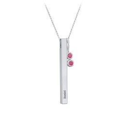 Engravable Vertical 3D Bar Necklace with 2-Stone Charm in 925 Sterling Silver with Ruby