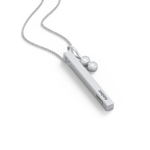 Engravable Vertical 3D Bar Necklace with 2-Stone Charm – Sterling Silver with Diamond