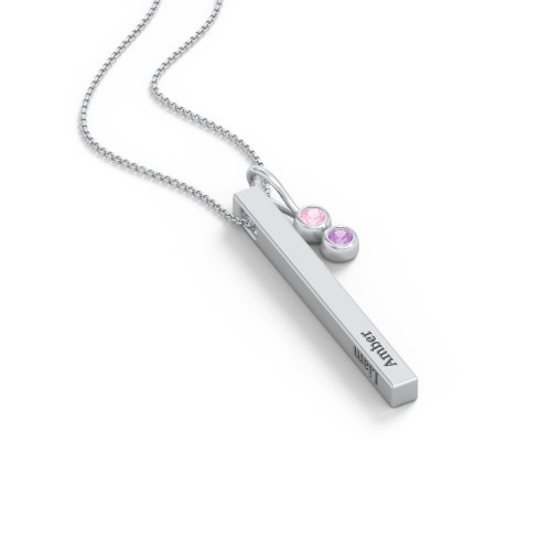 Engravable Vertical 3D Bar Necklace with 2-Stone Charm – Sterling Silver with Pink Tourmaline and Amethyst