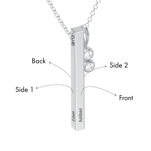 Engravable Vertical 3D Bar Necklace with 2-Stone Charm – Sterling Silver with Diamond