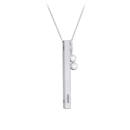 Engravable Vertical 3D Bar Necklace with 2-Stone Charm – Sterling Silver with Diamond