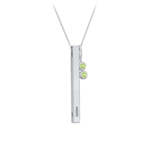 Engravable Vertical 3D Bar Necklace with 2-Stone Charm – Sterling Silver with Peridot