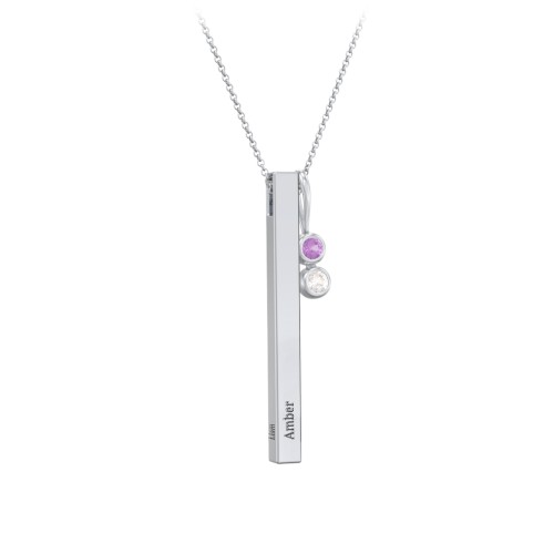 Engravable Vertical 3D Bar Necklace with 2-Stone Charm – Sterling Silver with Amethyst and Cubic Zirconia