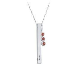 Engravable Vertical 3D Bar Necklace with 3-Stone Charm in 925 Sterling Silver with Garnet