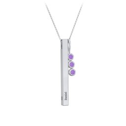 Engravable Vertical 3D Bar Necklace with 3-Stone Charm in 925 Sterling Silver with Amethyst