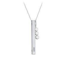 Engravable Vertical 3D Bar Necklace with 3-Stone Charm in 925 Sterling Silver with Diamond