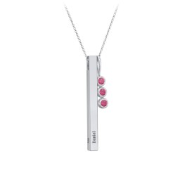 Engravable Vertical 3D Bar Necklace with 3-Stone Charm in 925 Sterling Silver with Ruby