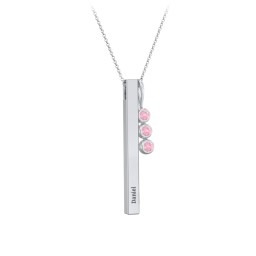 Engravable Vertical 3D Bar Necklace with 3-Stone Charm in 925 Sterling Silver with Pink Tourmaline