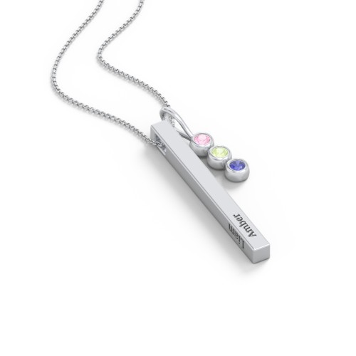 Engravable Vertical 3D Bar Necklace with 3-Stone Charm – Sterling Silver with Pink Tourmaline, Peridot, and Blue Sapphire