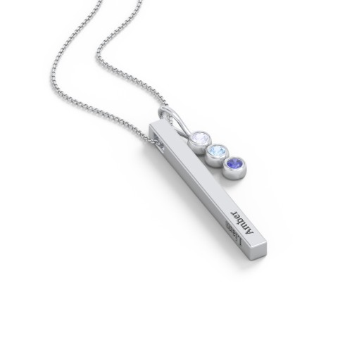 Engravable Vertical 3D Bar Necklace with 3-Stone Charm – Sterling Silver with Lavender Premium Zirconia, Blue Topaz, and Blue Sapphire