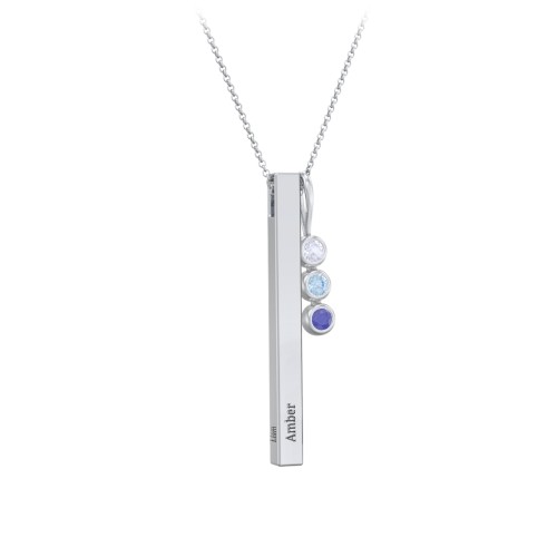 Engravable Vertical 3D Bar Necklace with 3-Stone Charm – Sterling Silver with Lavender Premium Zirconia, Blue Topaz, and Blue Sapphire