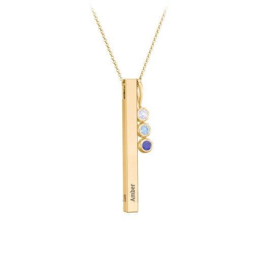 Engravable Vertical 3D Bar Necklace with 3-Stone Charm – 10K Yellow Gold with Lavender Premium Zirconia, Blue Topaz, and Blue Sapphire
