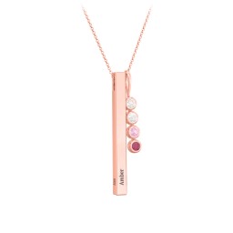Engravable Vertical 3D Bar Necklace with 4-Stone Charm in 10K Solid Rose Gold with Cubic Zirconia, Opal, Pink Tourmaline, and Ruby