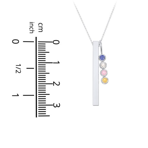 Engravable Vertical 3D Bar Necklace with 4-Stone Charm – 10K Rose Gold with Cubic Zirconia, Opal, Pink Tourmaline, and Ruby