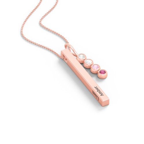 Engravable Vertical 3D Bar Necklace with 4-Stone Charm – 10K Rose Gold with Cubic Zirconia, Opal, Pink Tourmaline, and Ruby