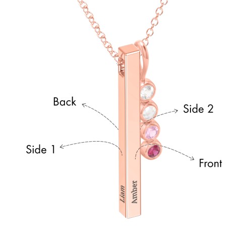 Engravable Vertical 3D Bar Necklace with 4-Stone Charm – 10K Rose Gold with Cubic Zirconia, Opal, Pink Tourmaline, and Ruby
