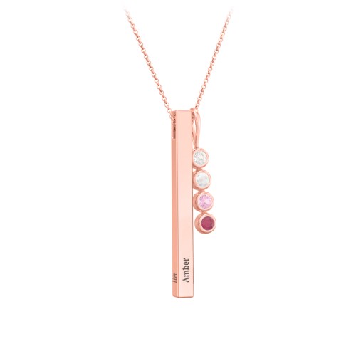 Engravable Vertical 3D Bar Necklace with 4-Stone Charm – 10K Rose Gold with Cubic Zirconia, Opal, Pink Tourmaline, and Ruby
