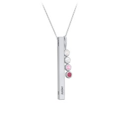 Engravable Vertical 3D Bar Necklace with 4-Stone Charm – Sterling Silver with Cubic Zirconia, Opal, Pink Tourmaline, and Ruby