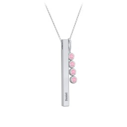 Engravable Vertical 3D Bar Necklace with 4-Stone Charm in 925 Sterling Silver with Pink Tourmaline