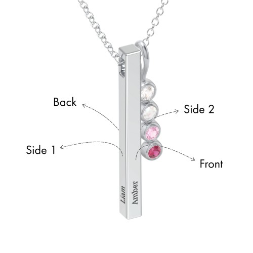 Engravable Vertical 3D Bar Necklace with 4-Stone Charm – Sterling Silver with Cubic Zirconia, Opal, Pink Tourmaline, and Ruby
