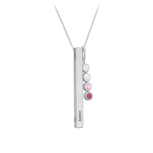Engravable Vertical 3D Bar Necklace with 4-Stone Charm – Sterling Silver with Cubic Zirconia, Opal, Pink Tourmaline, and Ruby