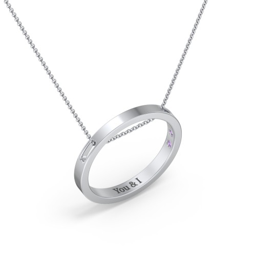 Engravable Floating Circle Necklace with Hidden Gemstones – Sterling Silver with Amethyst