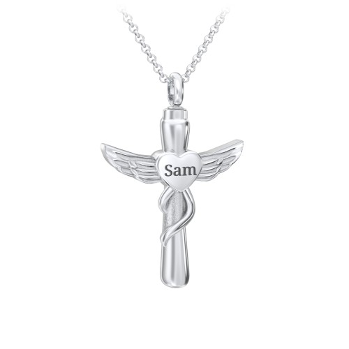 Engravable Winged Cross Urn Necklace in Stainless Steel