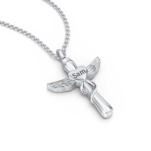 Engravable Winged Cross Urn Necklace in Stainless Steel – Stainless Steel