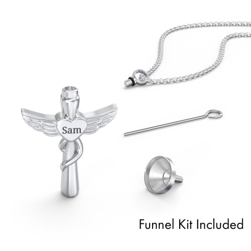 Engravable Winged Cross Urn Necklace in Stainless Steel – Stainless Steel
