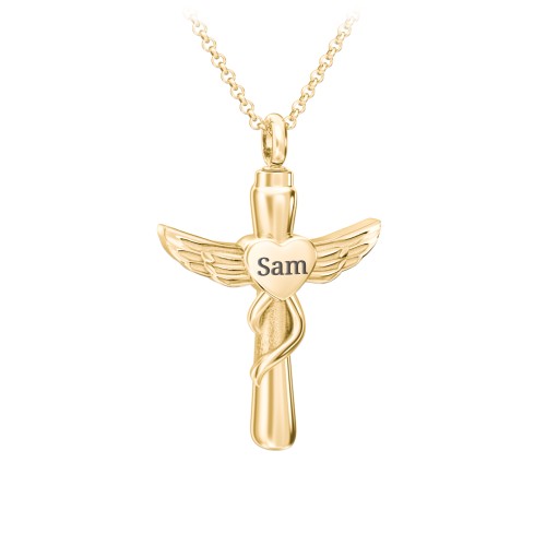 Engravable Winged Cross Urn Necklace in Yellow Ion-Plated Steel – Stainless Steel