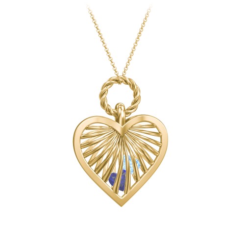 Radiant Caged Heart Necklace with 1-6 Birthstones – 18K Gold Plated Silver with Blue Sapphire and Blue Topaz