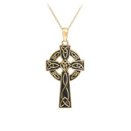 Engravable Celtic Cross Necklace with Black Enamel in 18K Gold Plated Silver