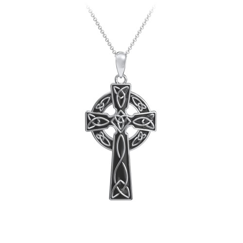 Engravable Celtic Cross Necklace with Black Enamel – Sterling Silver