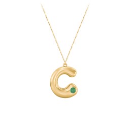Custom Bubble Initial Necklace with Birthstone in 18K Gold Plated Silver with Emerald