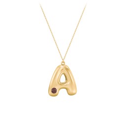 Custom Bubble Initial Necklace with Birthstone in 18K Gold Plated Silver with Garnet