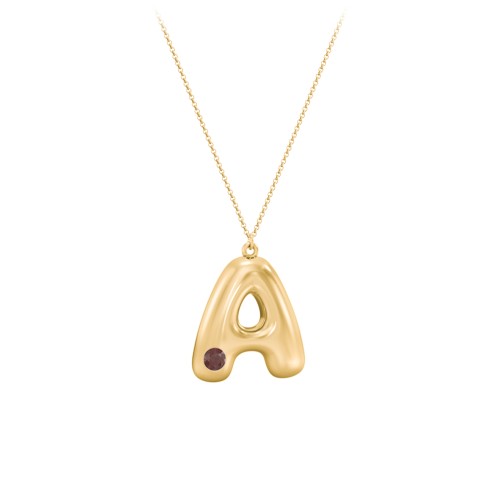 Custom Bubble Initial Necklace with Birthstone – 18K Gold Plated Silver with Garnet