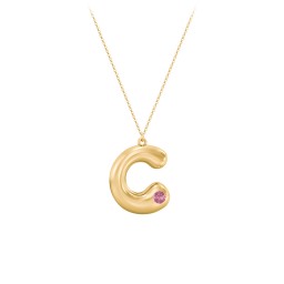 Custom Bubble Initial Necklace with Birthstone in 18K Gold Plated Silver with Pink Tourmaline