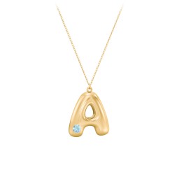Custom Bubble Initial Necklace with Birthstone in 18K Gold Plated Silver with Blue Topaz