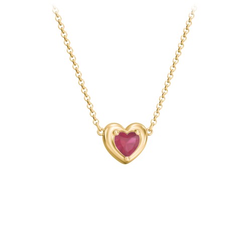 Puffy Heart Pendant with 1 Birthstone – 18K Gold Plated Silver with Ruby