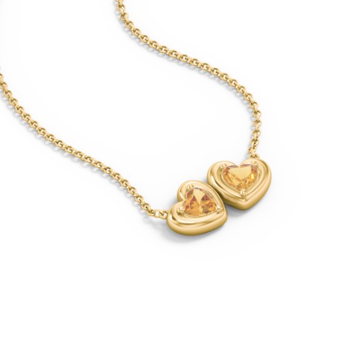 Puffy Heart Pendant with 2 Birthstones – 18K Gold Plated Silver with Citrine